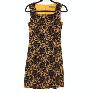 Esprit Sheath Dress Womens Size 6 Flocked Velvet Black Floral Print Yellow Gold